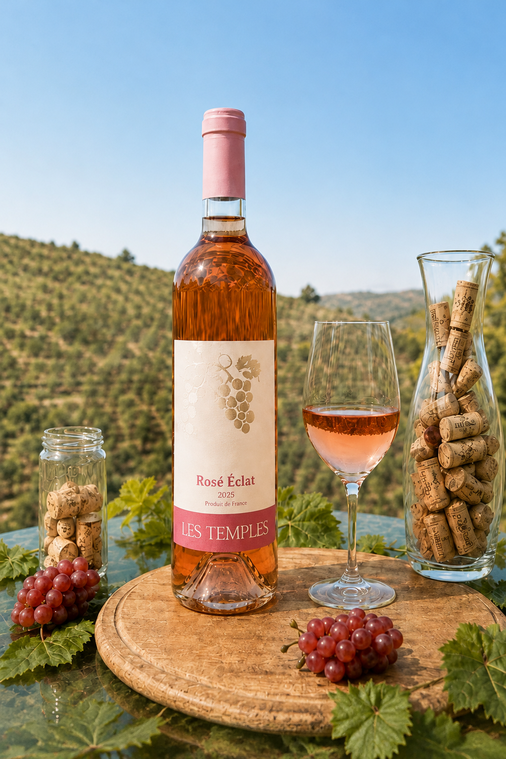 Les Temples Rosé Éclat 2025 bottle and rosé wine glass overlooking a vineyard