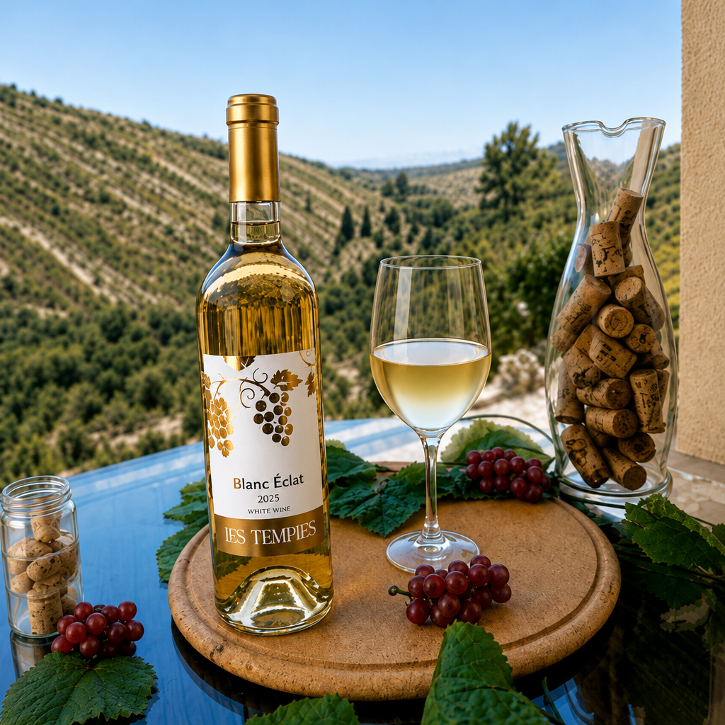 Blanc Éclat 2025 wine bottle and glass with grapes and a vineyard background.